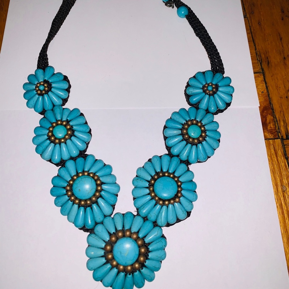 Turquoise Blue color flower statement necklace